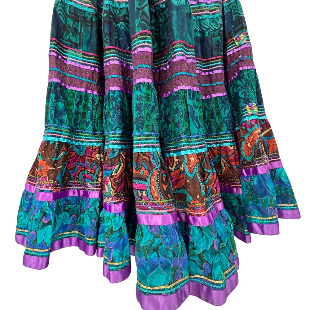 Anna Konya Vintage Tiered Maxi Skirt Teal Floral Paisley Boho Ribbon Rosette OS
